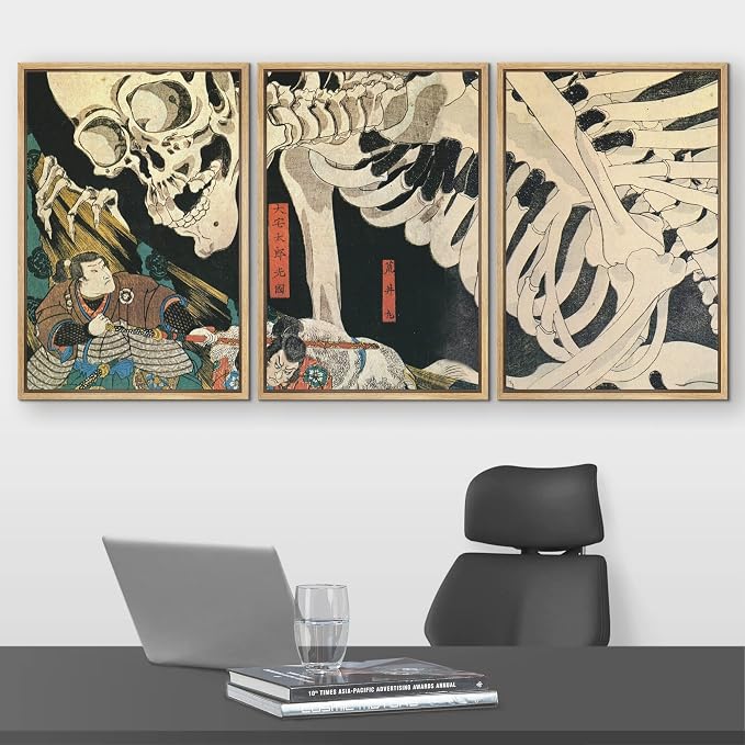 wall26 Framed Wall Art Print Set Witch & Skeleton Ukiyo-E by Utagawa Takiyasha Historic Cultural Illustrations Fine Art Chic Scenic Multicolor for Living Room, Bedroom, Office - 24"x36"x3 Natural
