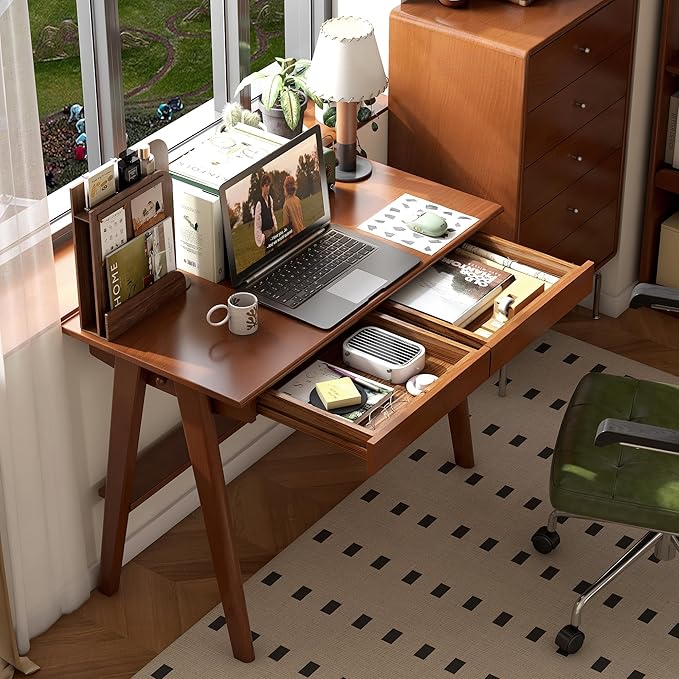 YESWOOD 100% Solid Rubber Wood Desk, Mid Century Modern Writing Computer Desk in Walnut Finish with Drawer for Home Office, Sturdy Room, Bedroom 39.37" W Teak
