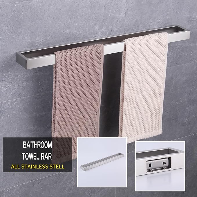 GERZWY Contemporary Stainless Steel Wall Mounted 4-Piece Bathroom Hardware Set - Towel Bar Towel Rings Toilet Paper Holder Towel Hooks, Brushed Finish HG1708-4LS
