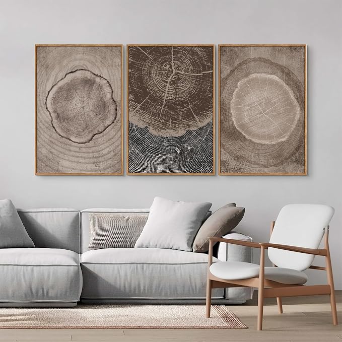 SIGNINART Beige Tree Ring Framed Canvas Wall Art Set, Abstract Black and White Rustic Wood Wall Decor, Neutral Wood Stump Artwork, Modern Art Prints for Bedroom Living Room Office 16"x24"x3