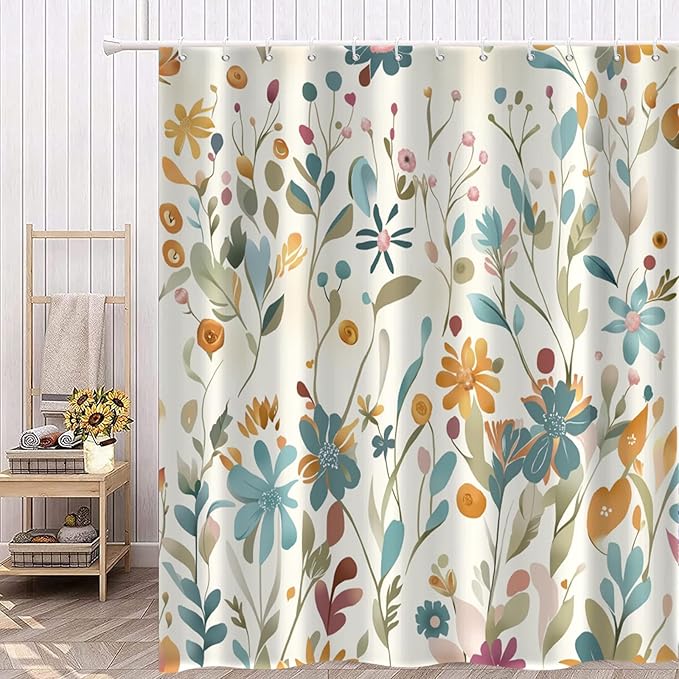 Colorful Floral Extra Long Shower Curtain, Wildflower Plant Leaves Cute Flower Spring Herbs Waterproof Fabric Machine Washable for Bathroom Bathtub Decor with Hooks 72Wx84H