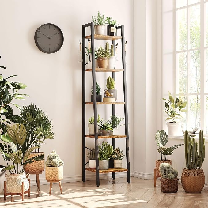 YMYNY 5 Tiers Ladder Bookcase, Industrial Narrow Bookshelf, Open Display Rack with 4 S Hooks, Metal Storage Shelves for Bedroom, Home Office, Living Room, Rustic Brown, 63H*13.4L*11.8W, UHBC025H
