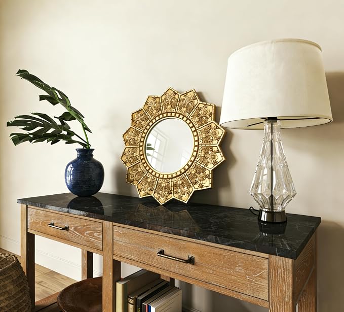 Vintage Gold Round Sunburst Mirror,with Exquisite Relief Elegant Wall Decor,Resin Decorative Mirrors Suitable for Gallery Living Rooms(Gold 12")
