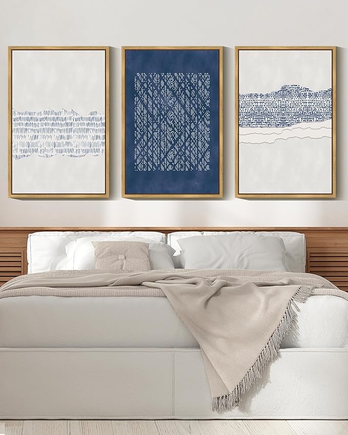 Drsoum Blue Abstract Boho Framed Wall Art Large 24x36in Minimalist Mid-Century Modern Wall Decor Geometric Artwork Kitchen Dining Room Black Framed