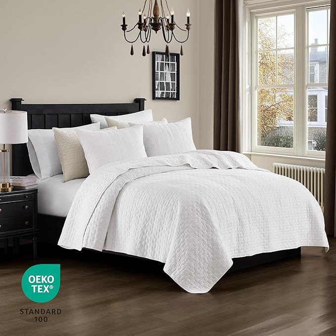palassio White 100% Cotton Quilt King Size Bedding Sets with 2 Pillow Shams, Textured Lightweight Soft Bedspread Shabby Chic Coverlet, Quilted Comforter Bed Cover for All Season, 3 Pieces