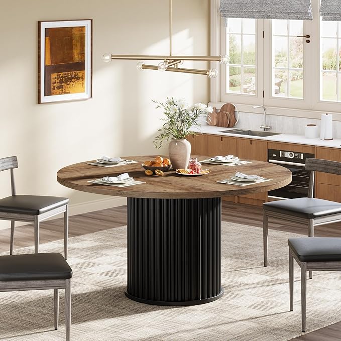 Tribesigns 47.24-Inch Black Round Dining Table for 4-6 People, Modern Fluted MDF + Metal Base Kitchen Table, Sturdy Circle Dining Room Furniture, Brown + Black
