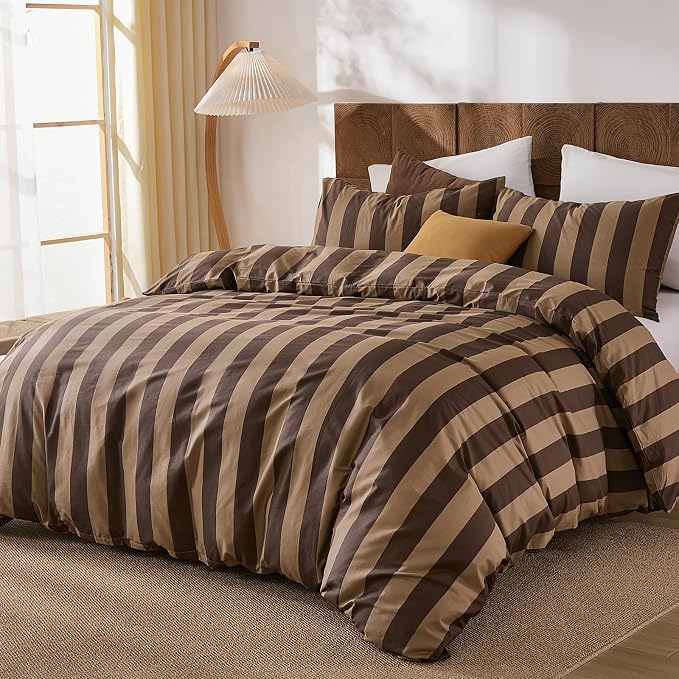 Merryword Brown Striped Duvet Cover Set King Size, 100% Natural Cotton Linen Like Duvet Cover Set with Zipper Closure & 8 Corner Ties, Brown Khaki Soft Reversible Bedding for All Seasons