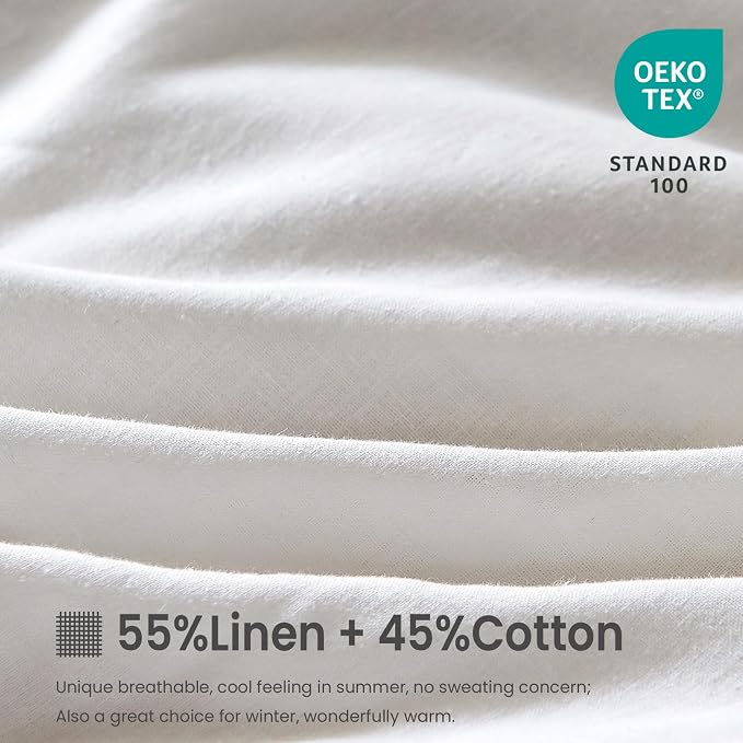 FALUCA French Linen Blend Duvet Cover Set 3Pcs Queen (88"x92") - Soft, Breathable, Cooling Farmhouse Bedding for Summer Hot Sleeper (Queen, White)