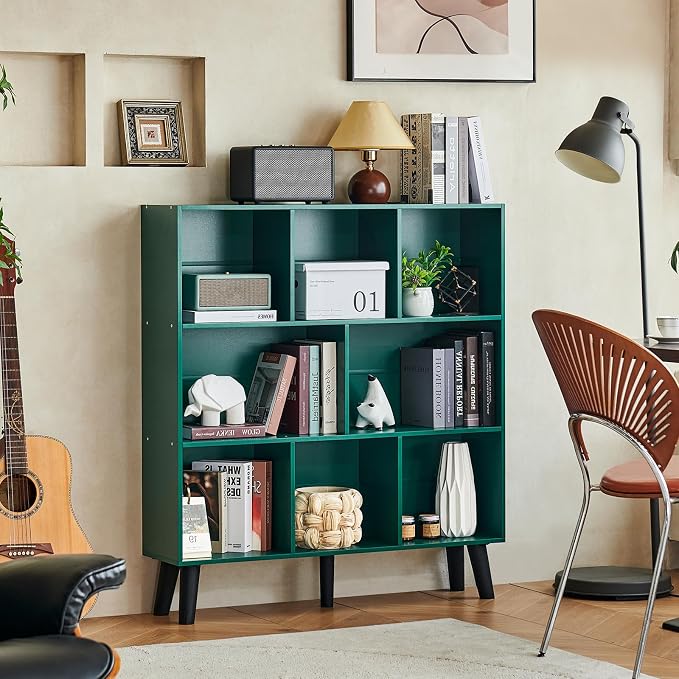 LEYAOYAO 8 Cube Bookshelf,3 Tier Bookcase with Legs,Dark Green Mid-Century Modern Bookshelves,Large Open Storage Organizer Shelf, Wooden Book Case