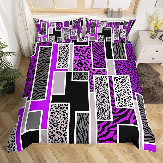 Erosebridal Leopard Print Comforter Cover Queen Zebra Skin Texture Geometric Patchwork Bedding Set Purple Black Square Stripes Duvet Cover for Kids Teen Adults,Rustic Farmhouse Animal Bed Set