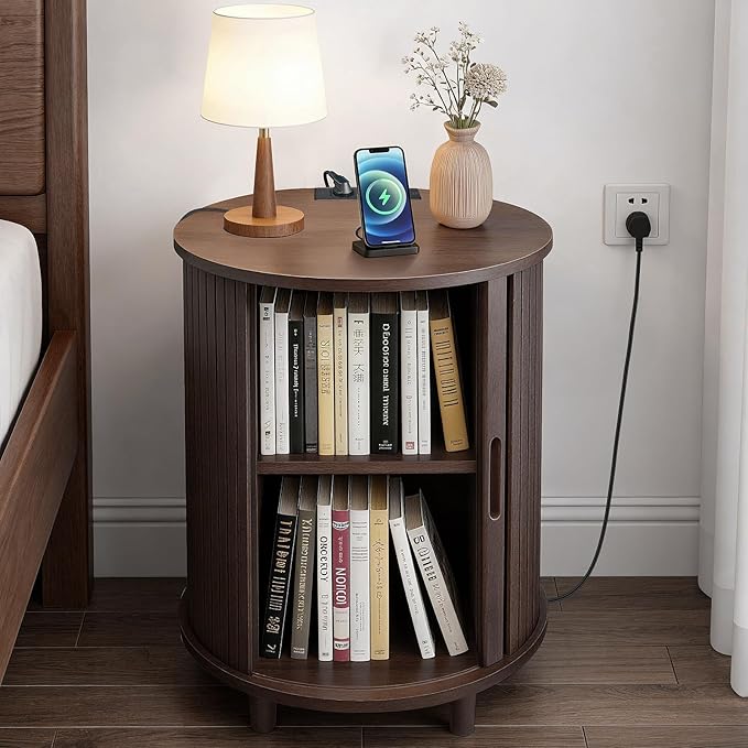 DHH End Table Set of 2 with Storage & Charging Station, Fluted Accent Side Table with Sliding Door & Adjustable Shelf, Mid-Century Nightstand for Small Spaces, Living Room, Bedroom(2, Coffee Brown)
