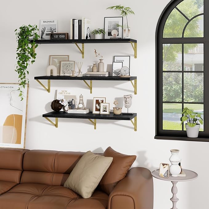 Deep Wall Shelves 12"W x 12"D Engineered Wood Floating Shelves for Wall, Sturdy Metal Bracket(Gold) Bookshelves Home Decor Storage for Living Room Bedroom Bathroom Kitchen, Set of 2, Black Finish
