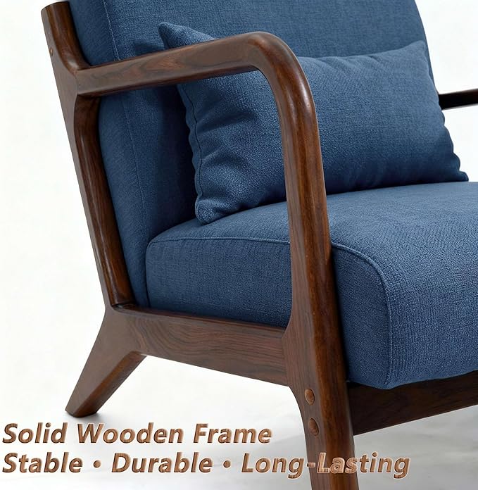 Set of 2 Mid Century Modern Accent Chair with Wooden Frame & Linen Upholstery, Comfortable Mid Century Lounge Chair with Pillow, Wooden Accent Chair for Living Room, Bedroom or Reading Corner