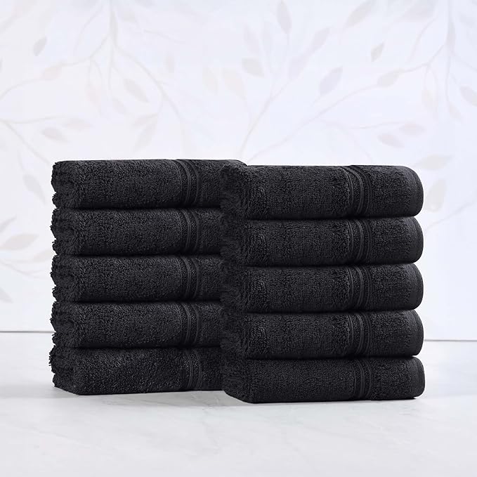Superior Heritage Egyptian Cotton Face Towel Set, Small Towels for Kitchen, Home Bathroom, Guest Bath, Luxury Essentials, Plush, Absorbent Basics, Washcloths, Spa, Hotel, Resort, Set of 10, Black