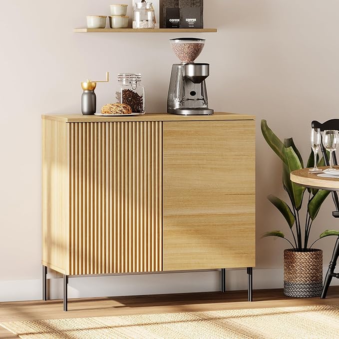 WAMPAT 31.5" Sideboard Buffet Cabinet with 2 Doors and Adjustable Shelves, Fluted Storage Cabinet, Modern Credenza Coffee Bar Wine Bar Table for Kitchen, Dining Room, Living Room,Oak