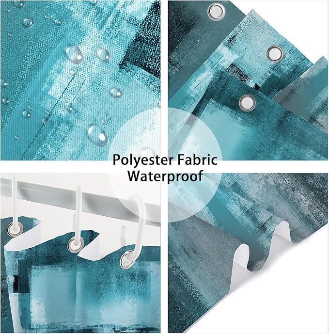 Teal Abstract Oil Shower Curtain, Modern Art Blue Grey Painting Fabric Bathroom Decor Set, Waterproof Polyester Fabric Bath Curtain with Hooks 72x78 Inch