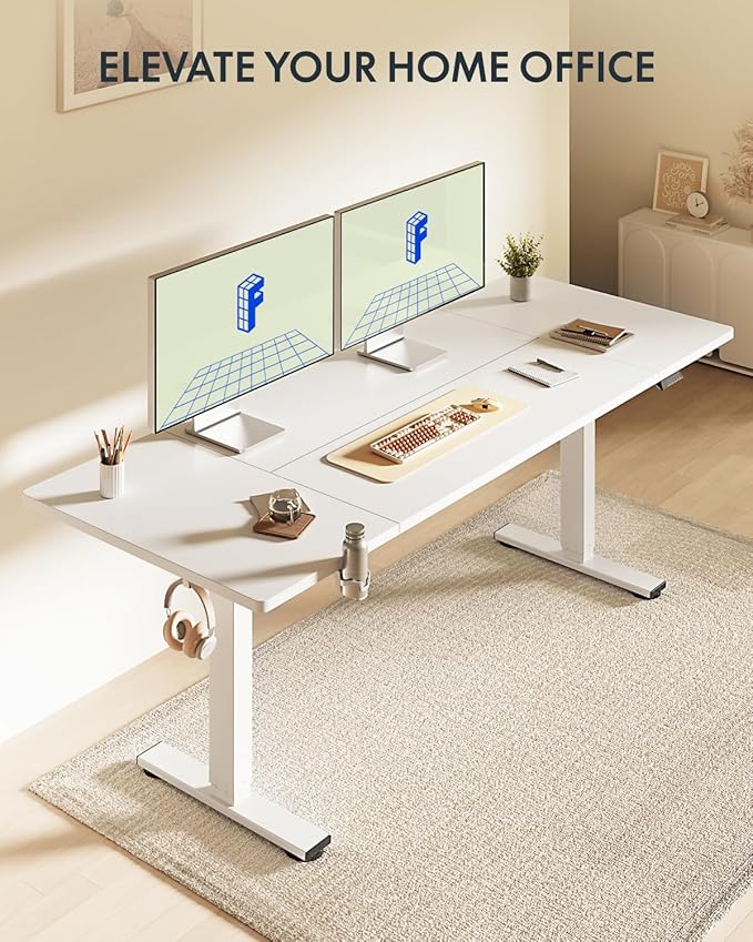 FLEXISPOT 79 x 32 Inch Large Standing Desk, Stand Up Desk with Splice Board, Rising Desks for Home Office, Office Desk with Cup Holder and Headphone Hook (White Frame + White Top, 2 Packages)