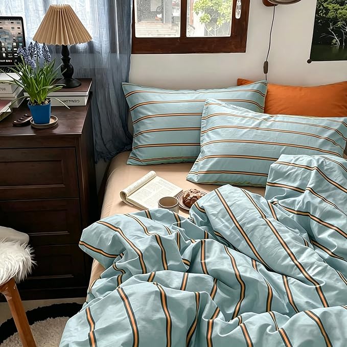 mixinni Retro Mint Blue Striped Duvet Cover Set - 100% Natural Cotton 3-Piece Vintage Stripes Pattern Printed Bedding Set, Soft Breathable Comforter Cover with Zipper Closure & Corner Ties, Twin Size
