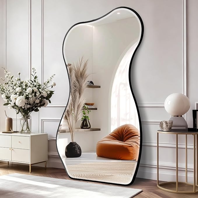 POZINO Irregular Full Length Mirror, 66.8"x33.5" Large Asymmetrical Beveled Mirror with Black Metal Frame, Organic Floor Mirrors for Entryway Hallway Cloakroom Living Room, Leaning/Wall-Mount