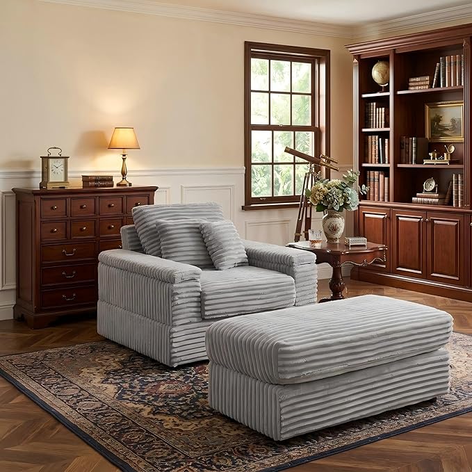 Eafurn 43.3" Oversized Accent Chaise Lounge Chair with Ottoman, Modern Corduroy Upholstered Convertible Recliner Armchair Sleeper Lounge Chair with Wood Frame for Living Room Apartment