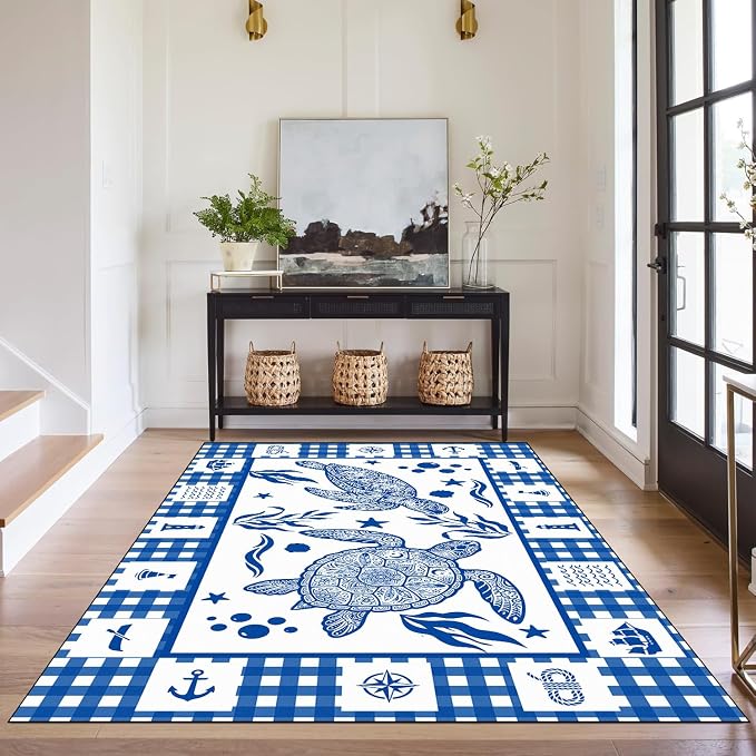 Sea Turtle Rug Coastal Ocean Print Floor Mat Blue and White Plaid Area Rug for Entryway Bedroom Living Room Nursery Kitchen Playroom Home Decor Non-Slip Washable Carpet,3'x5'