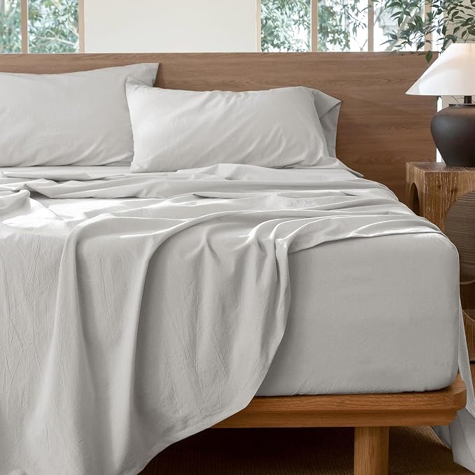 MooMee Bedding Sheet Set 100% Washed Cotton Linen Like Textured Breathable Durable Soft Comfy (Solid Light Blueish Grey, King)
