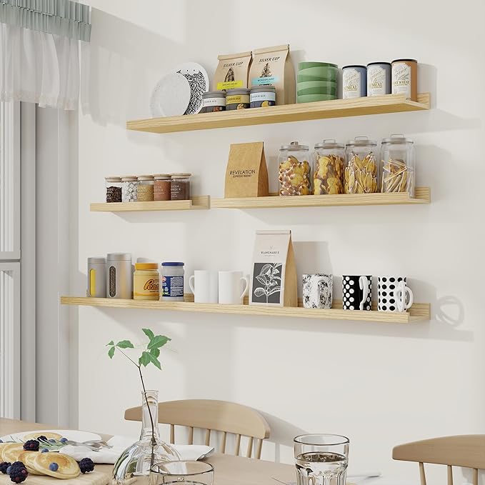 Fun Memories Picture Ledge Shelf, 24 Inch Long Floating Shelves Set of 6, Picture Shelf for Wall with Lip, Large Nursery Book Shelves for Storage, Wall Shelves for Living Room Bedroom Kitchen, Oak