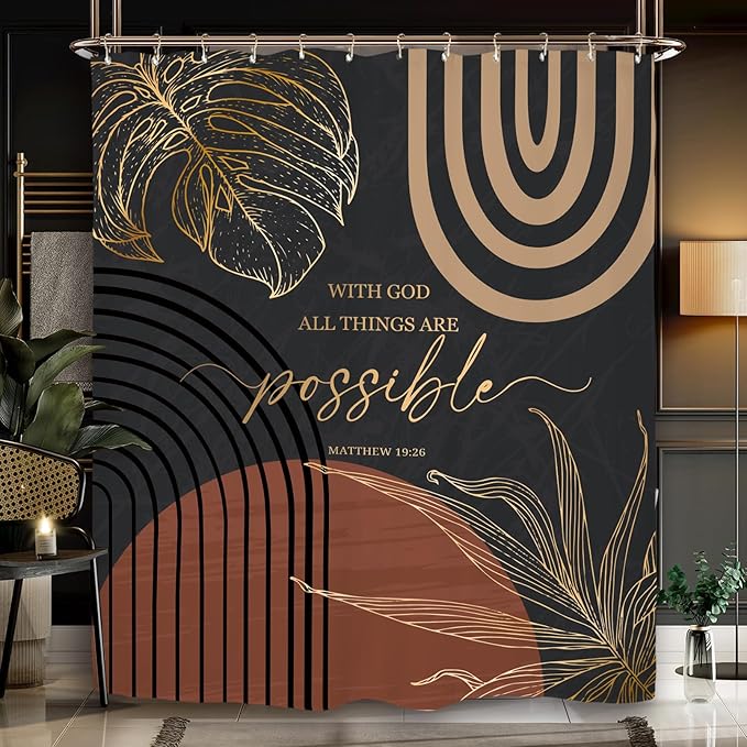 Miyotaa Modern Abstract Shower Curtain Set 60Wx71H Inches Black Burnt Orange Minimalist Aesthetic Contemporary Quotes Inspirational Plant Polyester Waterproof Bathroom Curtain with 12 Hooks