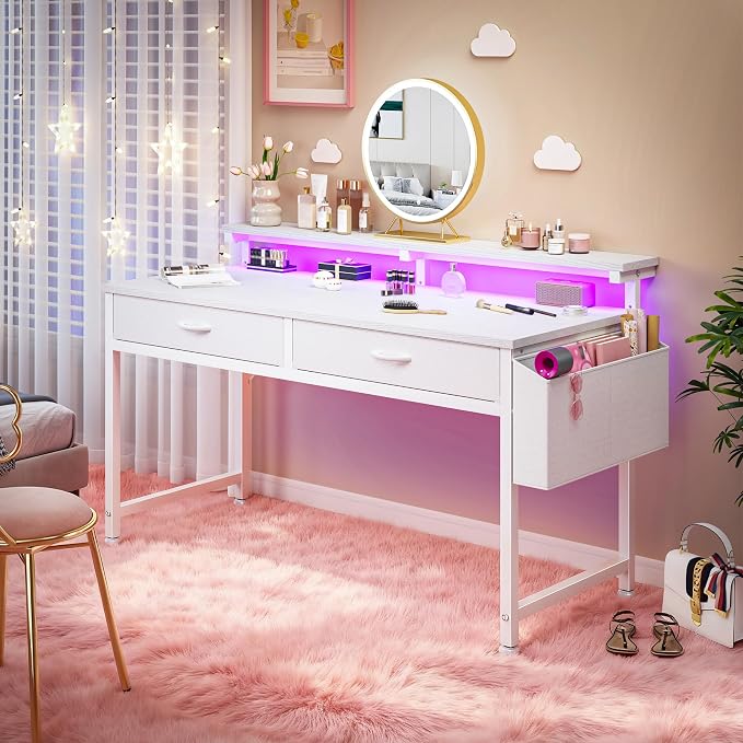 DurayLoly 47.3 Inch Computer Desk with 2 Drawers & LED Lights, Home Office Desk with Side Pocket, Gaming Desk with Monitor Stand, Study Writing Table for Small Spaces, White