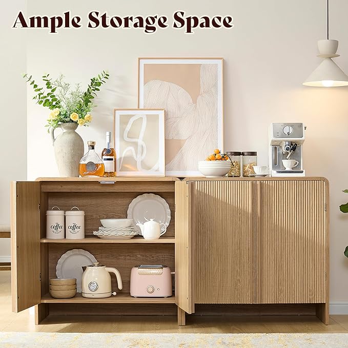 AMERLIFE Fluted Buffet Cabinet with Storage, Modern Sideboard Cabinet with 2 Doors & Adjustable Shelf, Console Table & Credenza for Living Room, Dining Room & Entryway, Natural Oak