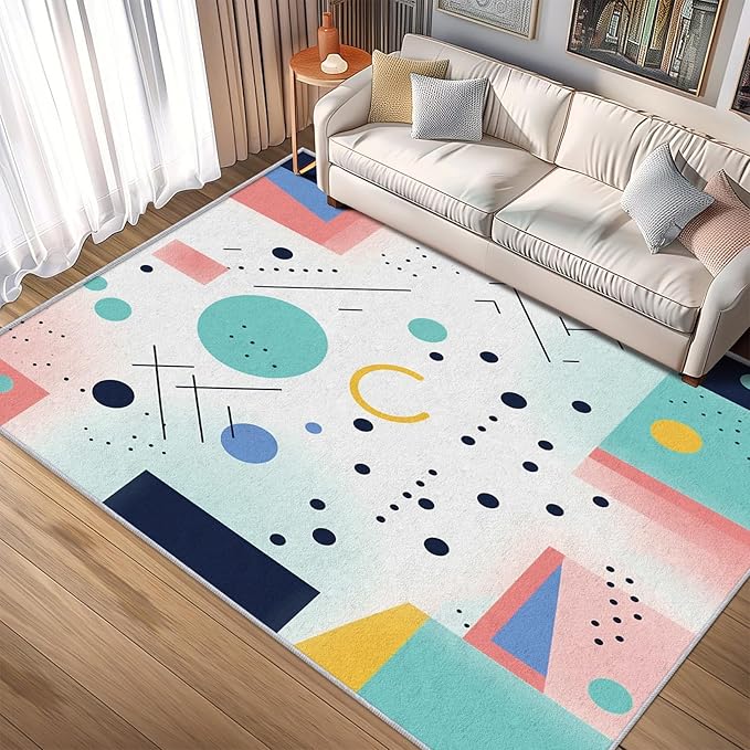 50s Rugs for Living Room 6x9, Mid Century Retro Geometric Abstract Modern Colorful Pattern Design Area Rug, 50s Bedroom Decor Carpet, Non Slip, Washable (RG688)