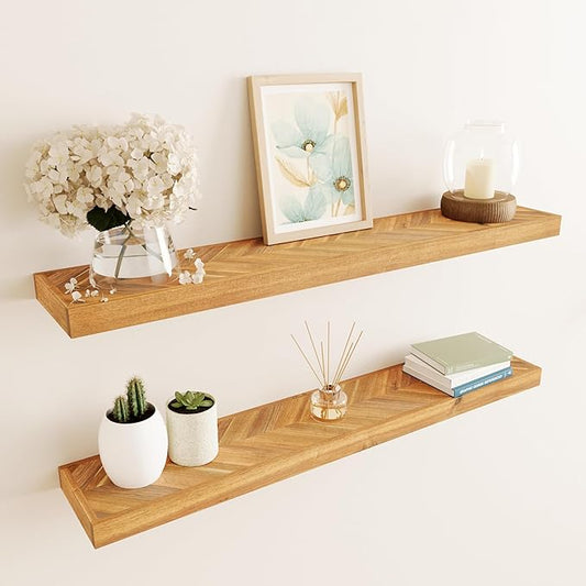 Howizz 48" Rustic Farmhouse Floating Shelves – Set of 2 Acacia Wood Shelves for Stylish Wall Decor in Kitchen, Bathroom, and Office, Unique Chevron Pattern, 48x8x1.5 Inches - Set of 2 - DIY