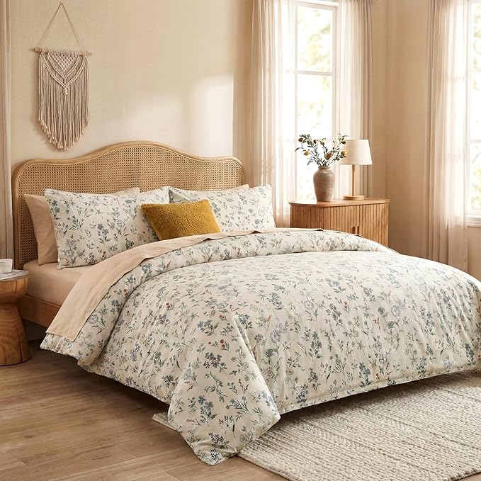 Floral Duvet Cover Set Queen Size 100% Cotton Green Floral Comforter Cover 3 Pcs Lightweight Soft Aesthetic Floral Bedding Sets