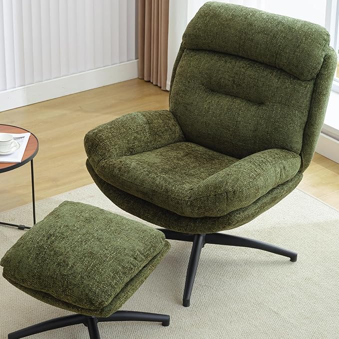 Swivel Accent Chair with Ottoman Set for Living Room, Chenille Comfy Reading Chair with High Back, TV Lounge Chair with 360 Degree Swiveling, Tilting for Bedroom, Modern Armchair with Footrest, Green
