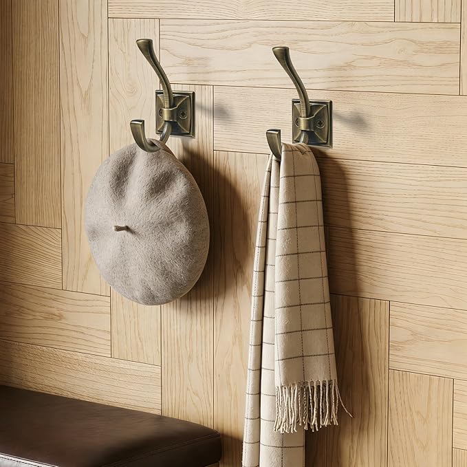 TUNNY 5 Pack Antique Design Wall Hanging Coat Hooks - Brushed Antique Brass Coat Hooks Towel Hook for Entry Shoe Cabinet, Wardrobe Bathroom Bedroom Furniture Hardware