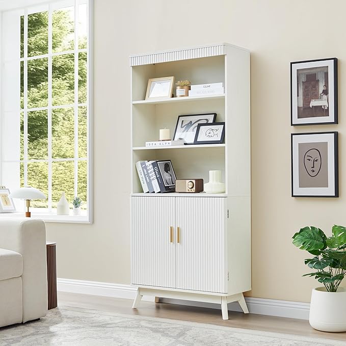 68" Fluted Tall Bookcase with Storage Cabinet,Mid-Century Modern 5-Tiers Arched Bookshelf Cabinet with Doors,Arched Bookcase with Open Display Storage Shelf for Home Office Bedroom Living Room, Beige