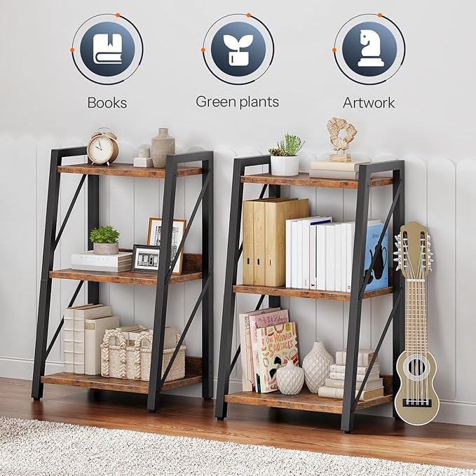 HOOBRO Ladder Shelf, 3-Tier Bookshelf, Corner Bookcase, Small Bookshelf with Metal Frame, for Living Room, Bedroom, Home Office, Kitchen, Rustic Brown and Black BF303CJ01