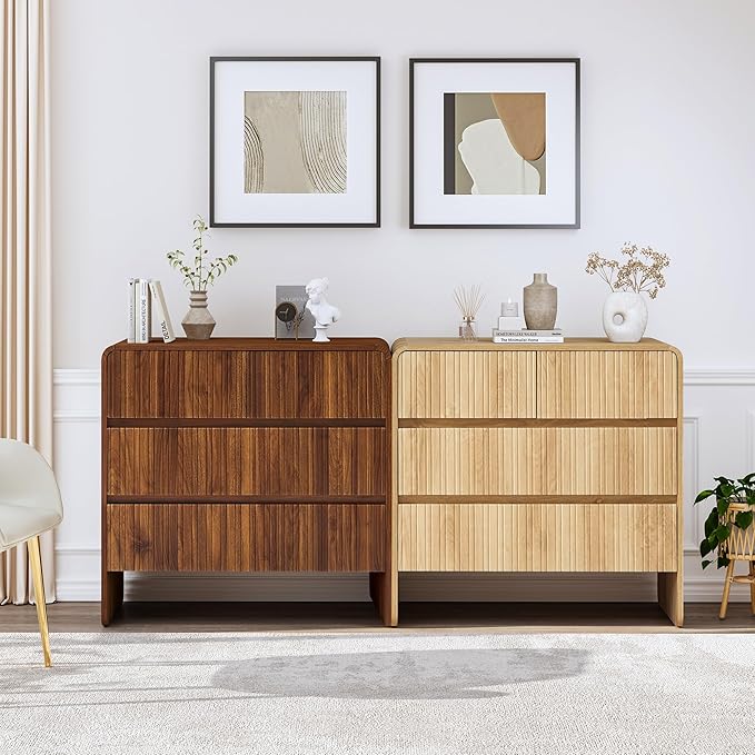 BERRYMERRY Flute 3 Drawer Dresser,31.5" Wide Dresser Nightstand for Bedroom,Mid Century Modern Wood Chest of Drawer with Curved Profile,Large Nightstand with 3 Drawer for Closet