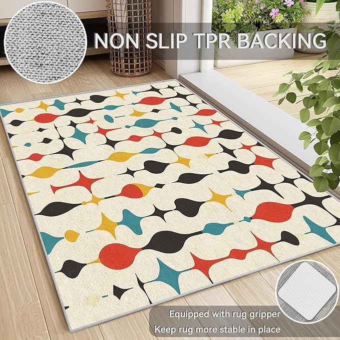 Mid Century Rugs for Living Room 4x4, Retro 50s Colorful Geometric Abstract Modern Pattern Design Area Rug, Mid Century Bedroom Decor Carpet, Non Slip, Washable (RG698)