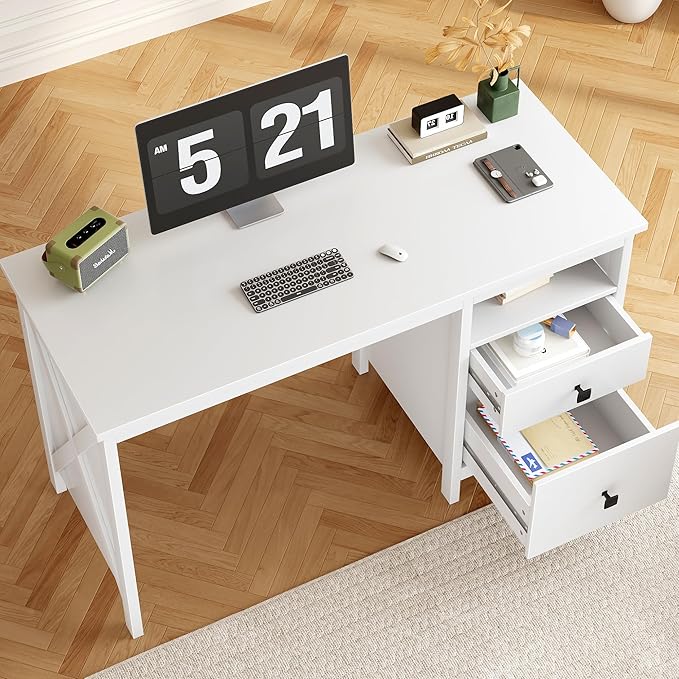 BHG Farmhouse 47" Executive Desk,Modern White Computer Desk with Storage Drawers for Home Office, Makeup Vanity Desk Dressing Table for Bedroom,Filing Cabinet Writing Table PC Desks for Study