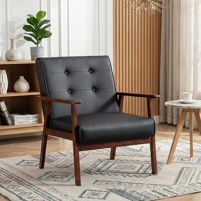 JIASTING Mid-Century Retro Modern Accent Chair Wooden Arm Upholstered Tufted Back Lounge Chairs Seat Size 24.4" 18.3" (Deep) (Square Leg Black)
