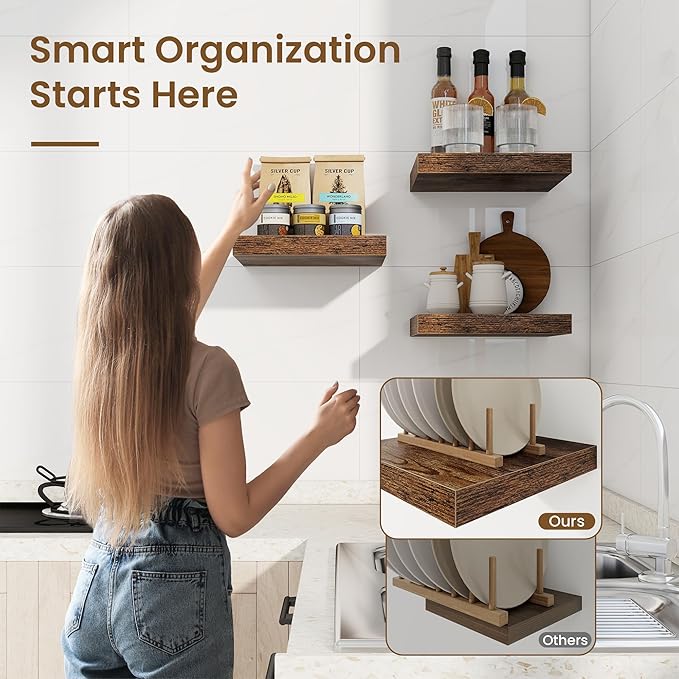 Square Floating Shelves for Wall, 12"W x 12"D x 1.5"H, 3 Pack Small Wall Mounted Engineered Wood Shelves with Invisible Brackets for Living Room, Bedroom, Bathroom, Kitchen Decor, Rustic Brown