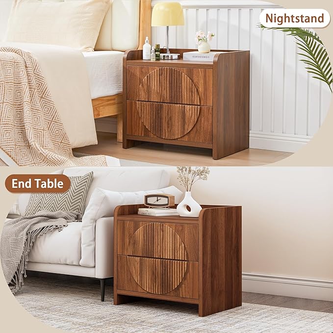 Turtle&Myrtle 24 Inch Wide Fluted Nightstands Set of 2, Large Night Stand with 2 Drawers, Mid Century Modern Bedside Table End Table with Storage for Bedroom Living Room Office (Walnut)