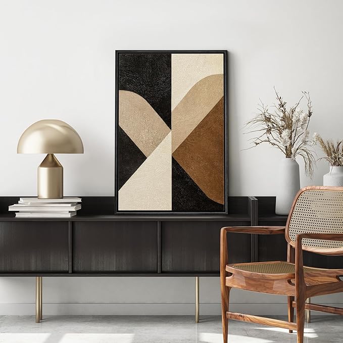 MUDECOR Framed Canvas Print Wall Art Neutral Geometric Texture Abstract Black Brown Beige Shapes Illustrations Fine Art Decorative Zen Multicolor Country/Farmhouse Retro for Bedroom - 16"x24" BLACK