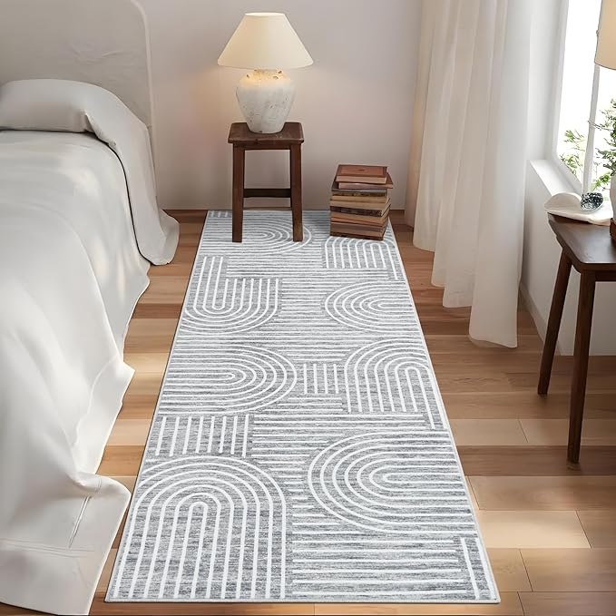 Modern Rug 2.5x10 Runners for Hallways, Abstract Kitchen Runner Rugs Non Slip Bath Mat, Rainbow Washable Runner Rug for Bedroom, Soft Long Rugs for Entryway Bathroom Laundry Dorm, Ash