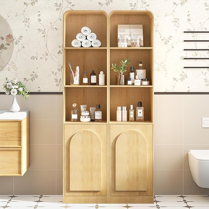 Slim Bathroom Storage Cabinet with Arched Door, Tall Narrow Cabinet with 5 Tier Adjustable Shelves, Mid Century Modern Floor Cabinet for Living Room, Kitchen, Wood, Thin
