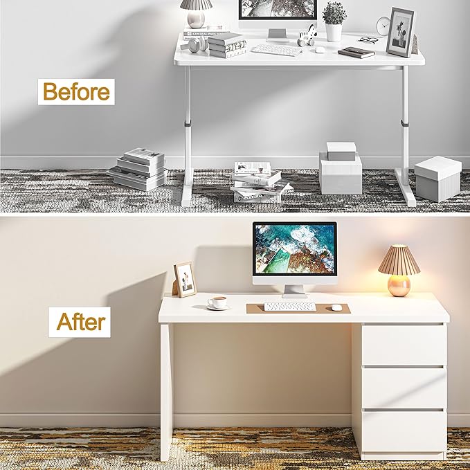 furtble White Desk with Drawers, 53'' W Home Office Computer Desk Gaming Table, Modern Vanity Desk with Storage, Wood Writing Workstation for Bedroom, Living Room, White