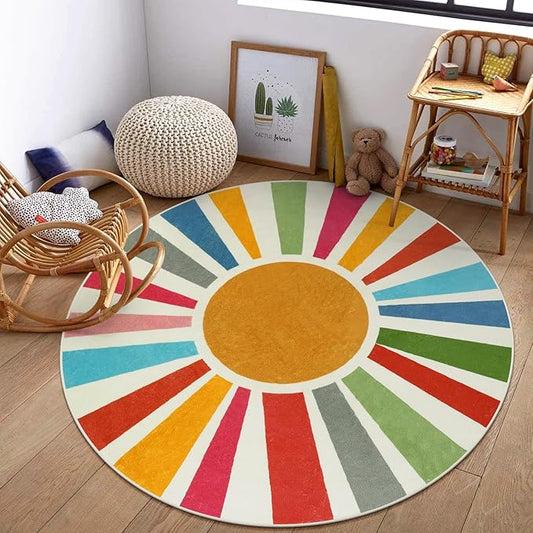 STARUIA Round Boho Rug 6 Ft Washable Round Area Rug for Playroom, Sunshine Circle Rug for Kids Room, Non-Slip Circluar Rainbow Carpet Soft Large Kids Rug for Classroom Dorm Bedroom