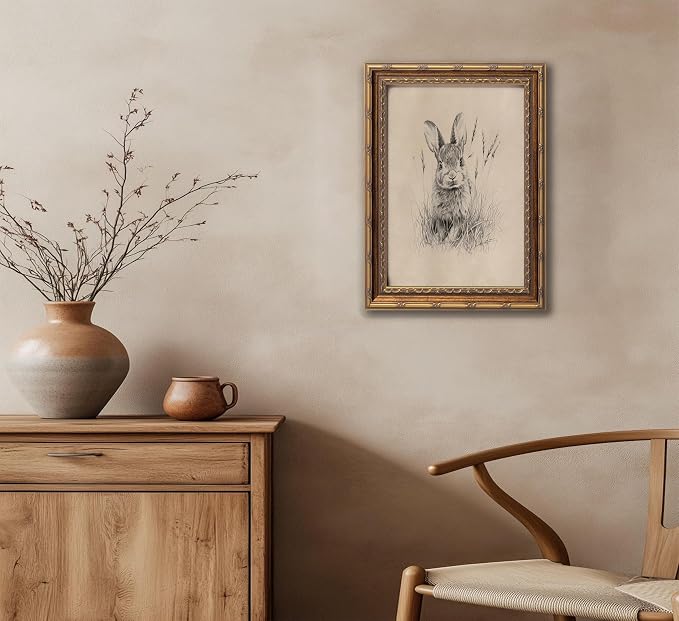 Vintage Gold Framed Easter Bunny Canvas Wall Art Vintage Rabbit Wall Decor Spring Farmhouse Animal Sketch Print Artwork Sketch Rabbit painting Picture for Farmhouse Bedroom Living Room 9X11in