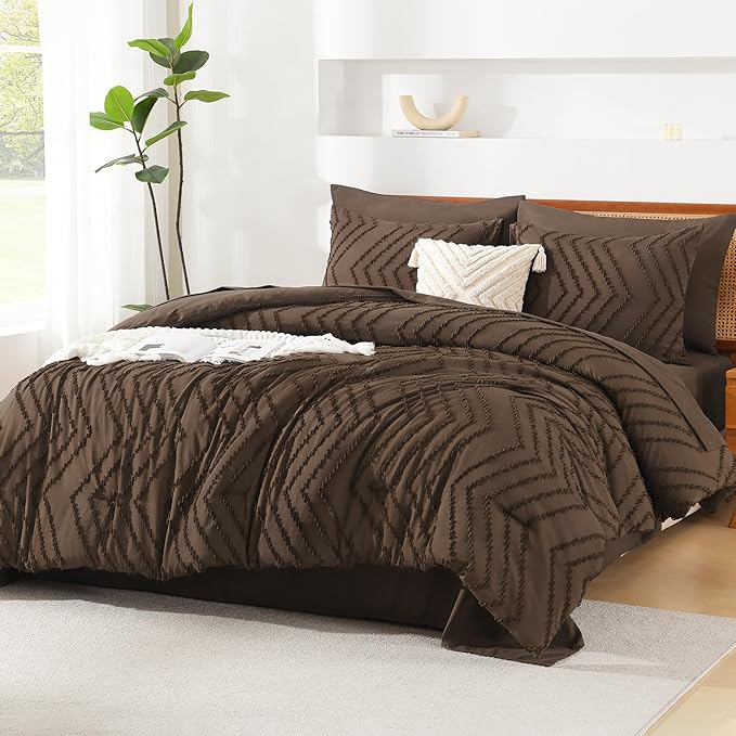 Litanika Super King Size Comforter Set with Sheets Brown - 7 Pieces Bed in a Bag Oversized King Boho Tufted Complete Bedding Sets with Comforter, Sheets, Pillowcases & Shams